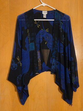Chico's 100% Silk Crop Open Front Kimono Womens S/M Black Blue Butterflies Boho